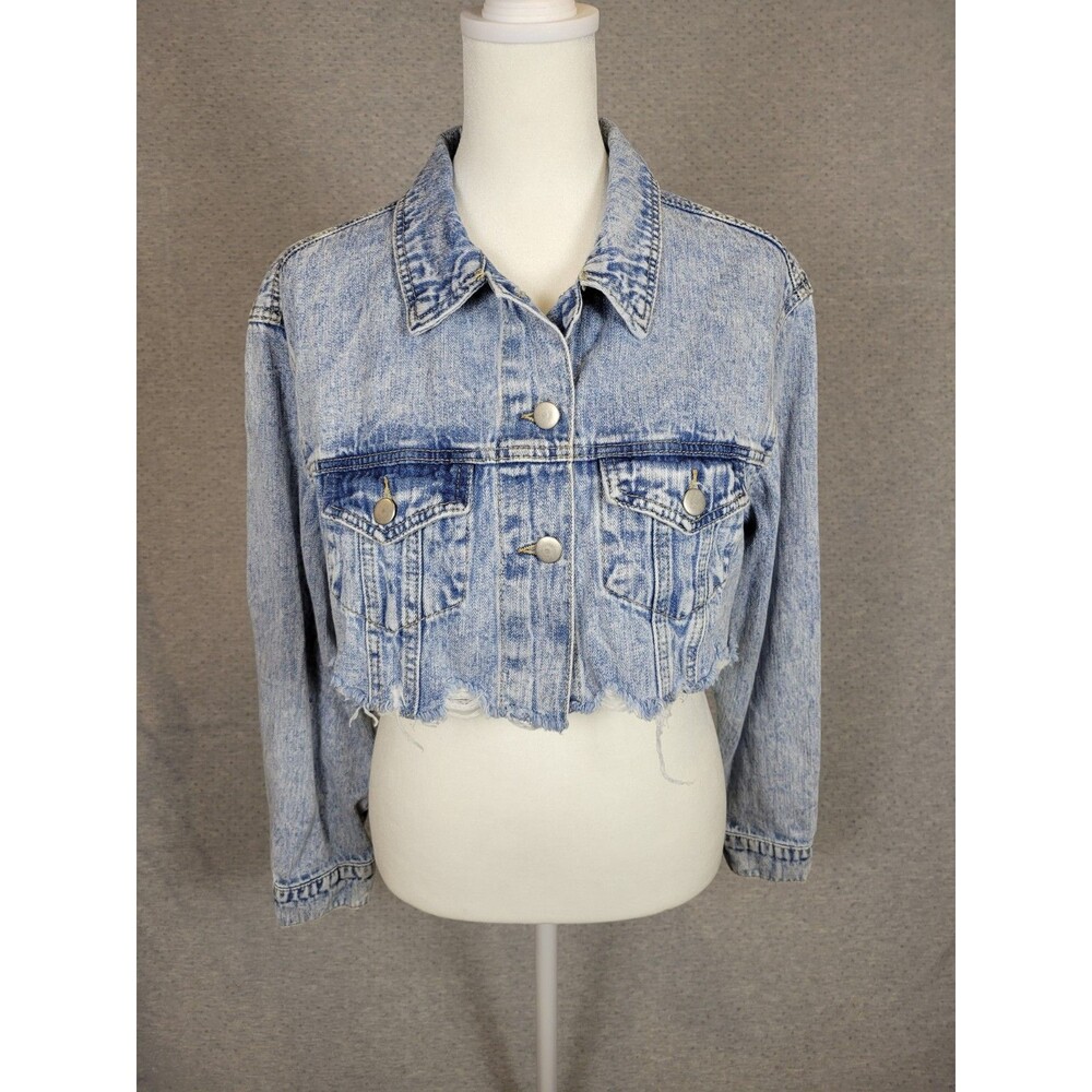 Windsor Cropped Denim Jacket Womens Small Blue Distressed Acid Wash 90s Grunge